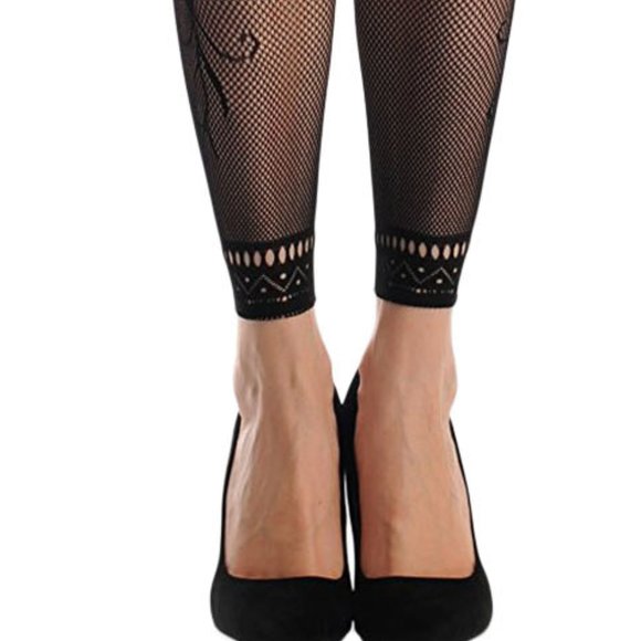 New Sexy Fishnet Floral Opaque Footless Tights - Picture 5 of 6
